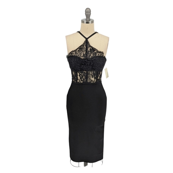 00682 BCBGMaxazria Halter Lace Bandage Dress Black Size Medium cocktail party - Picture 1 of 10